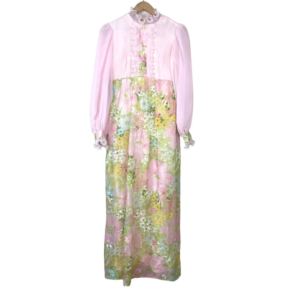 Vintage 70s Junior Formal Floral Organza Maxi Dress Pastel Pink Long Sleeve Sz S